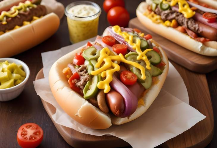 Iconic Chicago Style Hot Dog All Beef Frank with Relish, Mustard, Onions, Tomatoes, and Pickles,