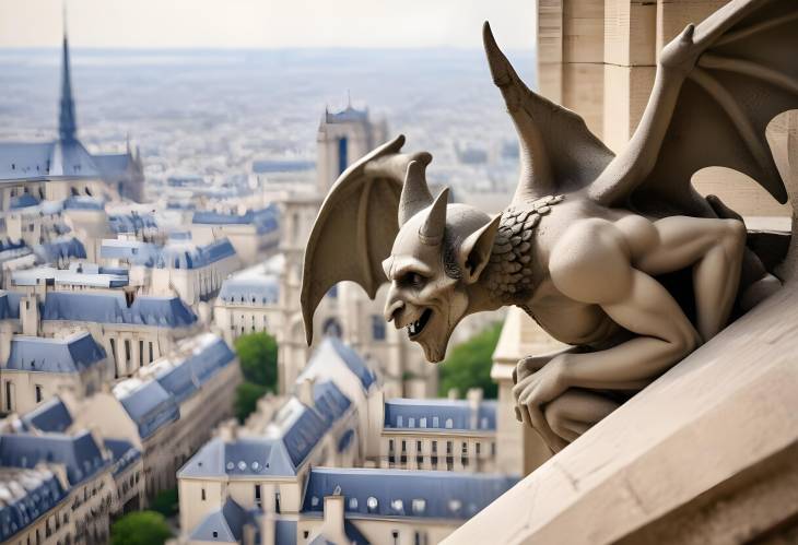 Iconic Gargoyle on Notre Dame Cathedral with Paris Background Gothic Architecture, City View