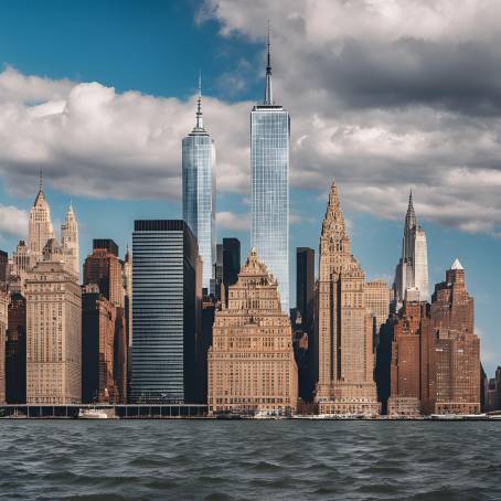 Iconic Manhattan Skyline Reflected in New York Bay with Cloudy Sky