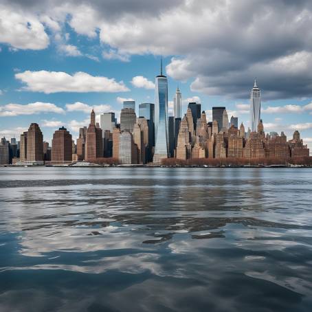 Iconic Manhattan Skyscrapers by New York Bay Under Cloudy Sky