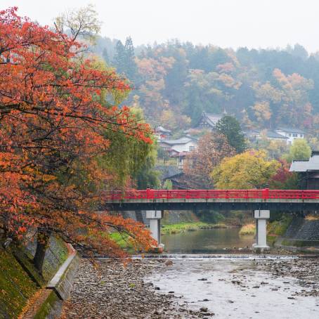 Iconic Nakabashi Bridge Takayama Red Historic River Landmark