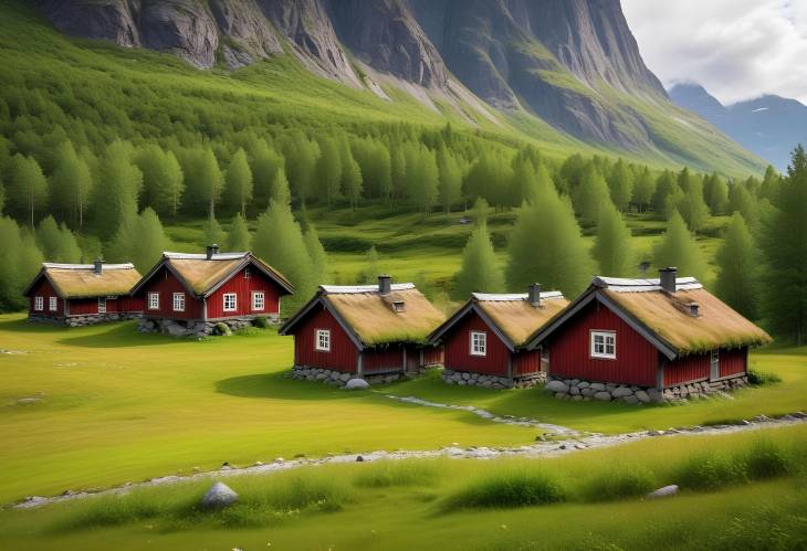 Iconic Norwegian Wooden Houses with Grass Roofs in Innerdalen Valley Spectacular Views Near