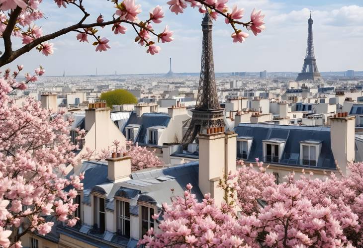 Iconic Paris Eiffel Tower, Rooftops, and Magnolia Blossoms in Spring