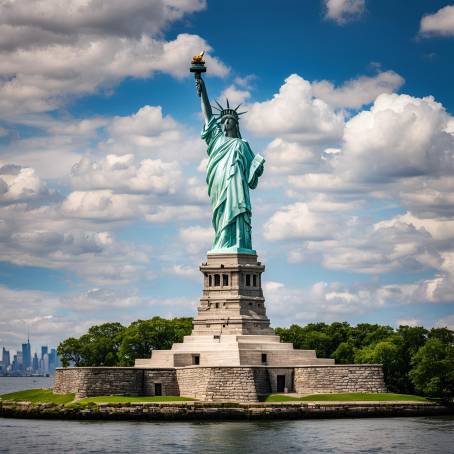 Iconic Statue of Liberty with Liberty Island and Cloudy Sky