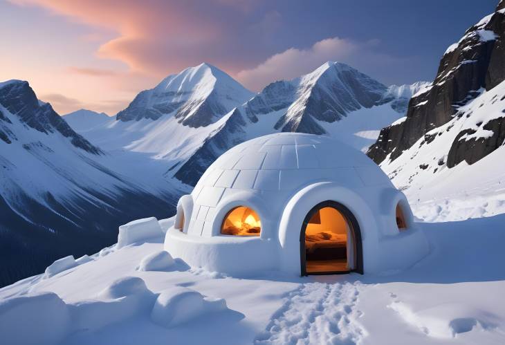 Icy Igloo in High Altitude Mountains Stunning Snowy Peaks and Winter Wonderland