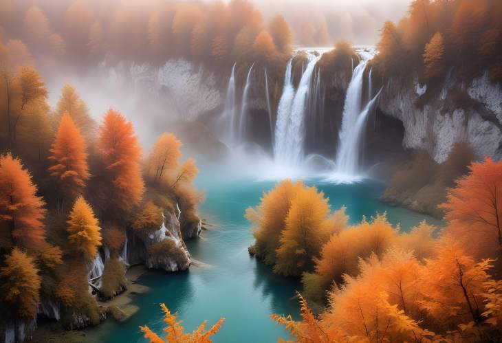 Idyllic Foggy Waterfall and Autumn Forest in Plitvice Lakes