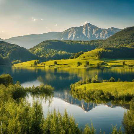 Idyllic Landscape in Bosnia and Herzegovina  Mount Lebrsnik with Lake and Grassy Fields