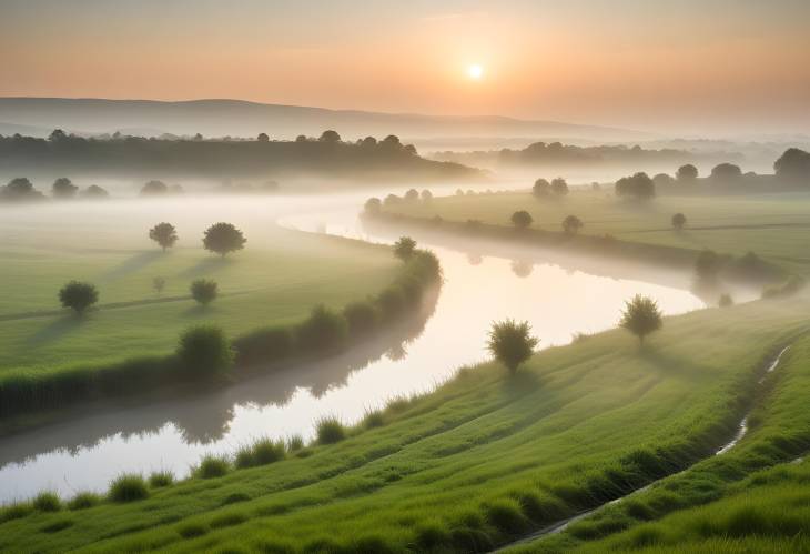 Idyllic Morning in Countryside with Misty Green Fields, a Winding River, and a Beautiful Rising Sun