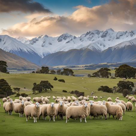 Idyllic New Zealand Pastoral Scene Sheep Grazing with Snowy Mountain Backdrop