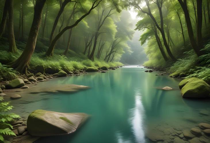 Idyllic River Flowing Through a Dense Forest with Clear Waters and Lush Greenery for a Peaceful Set