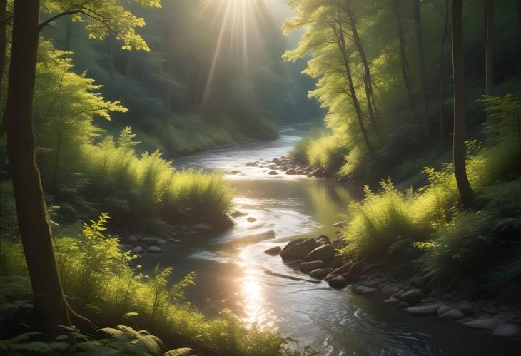 Idyllic River Landscape in a Sunlit Forest