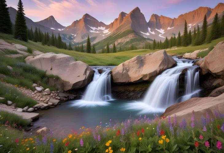 Idyllic Rocky Mountain Scene with Waterfall and Flowers