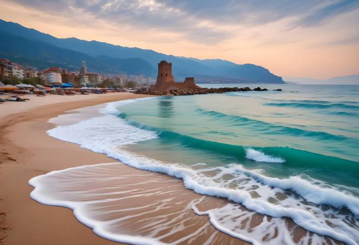 Idyllic Sandy Beach and Turquoise Mediterranean Sea Ancient Shipyard and Kizil Kule Tower in Alanya