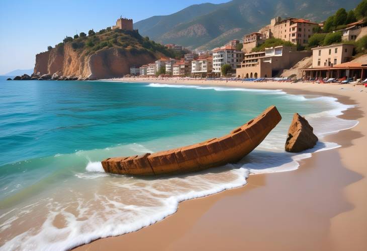 Idyllic Sandy Beach and Turquoise Mediterranean Sea Ancient Shipyard and Kizil Kule Tower in Alanya