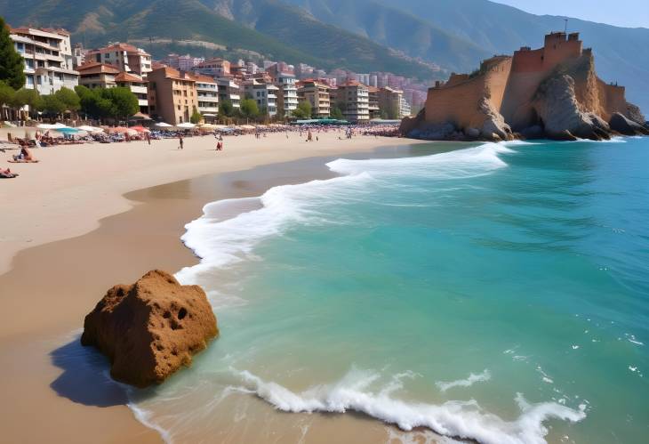 Idyllic Sandy Beach and Turquoise Mediterranean Sea Ancient Shipyard and Kizil Kule Tower in Alanya