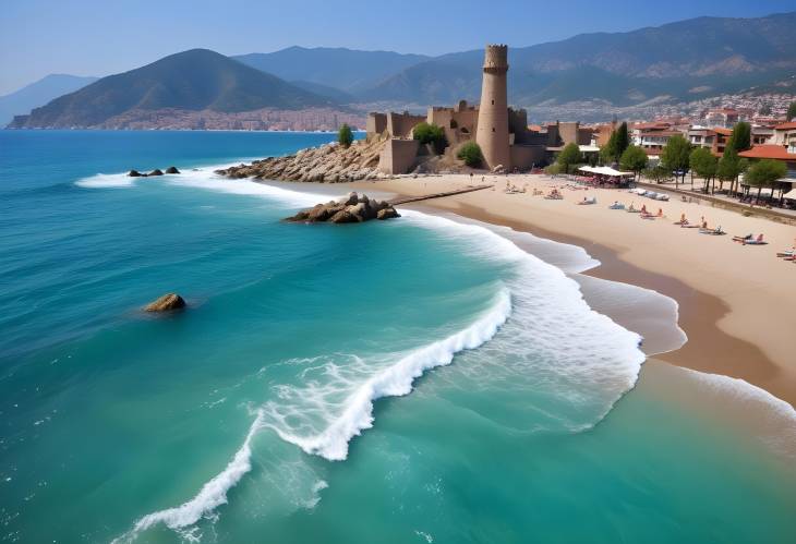 Idyllic Sandy Beach and Turquoise Mediterranean Sea Ancient Shipyard and Kizil Kule Tower in Alanya