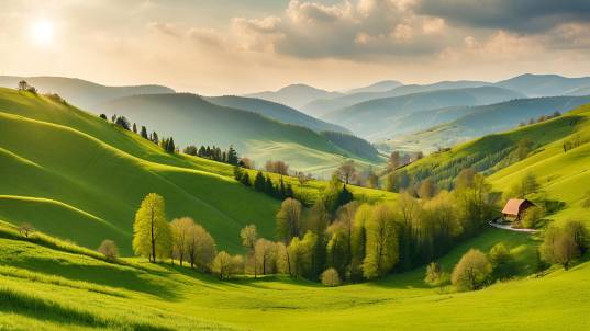 Idyllic Springtime Countryside in Romania Panorama of Rolling Hills and Grassy Fields