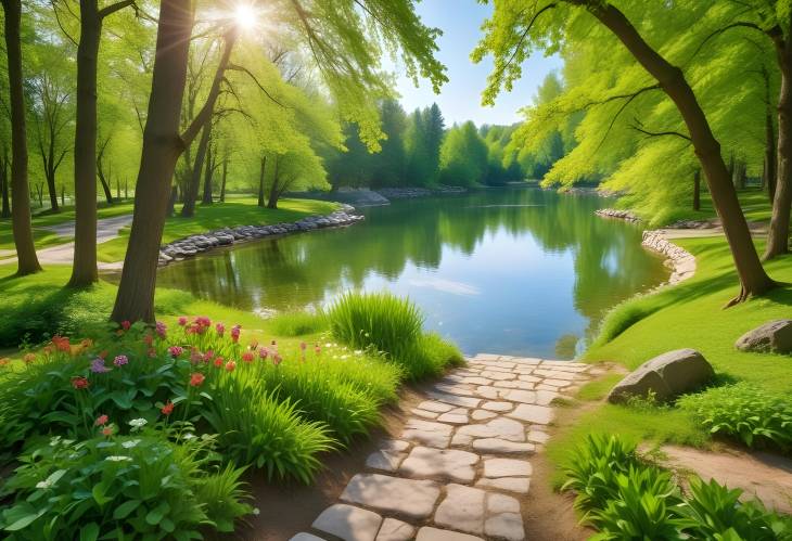 Idyllic Summer Spring Landscape with a Lake Surrounded by Green Foliage and a Stone Path in Bright