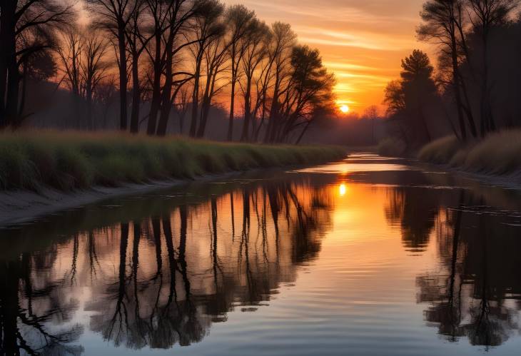 Idyllic Sunset Over a Calm River with Gentle Ripples, Vibrant Reflections, and Silhouetted Trees