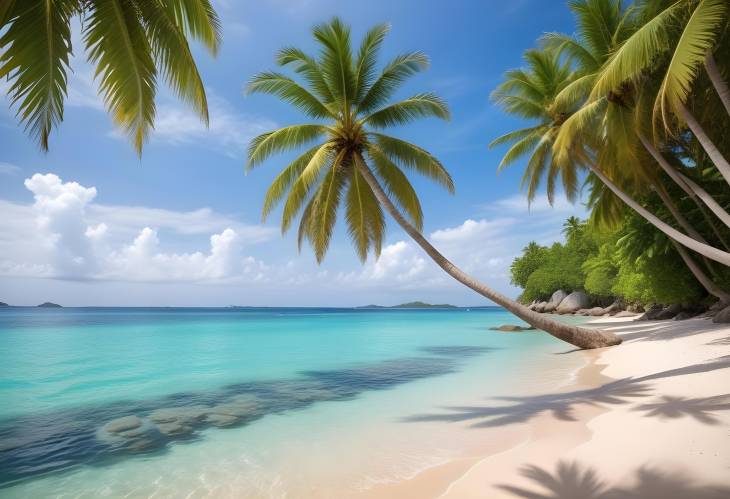 Idyllic Tropical Beach with Coconut Palms and Turquoise Sea on Paradise Island