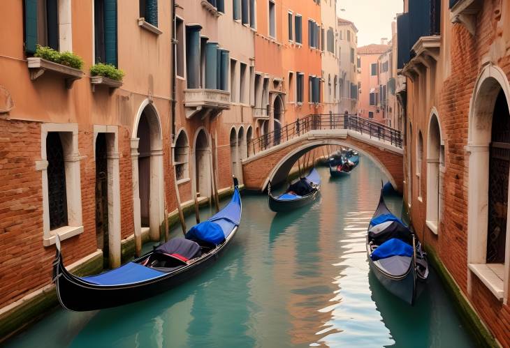 Idyllic Venice Canal with Gondolas Under Ancient Stone Bridges, Creating a Tranquil Scene