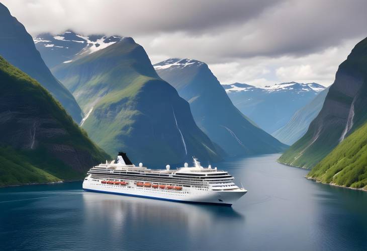 Idyllic View of Sunnylvsfjorden Fjord and Cruise Ship Near Geiranger Village, Western Norway