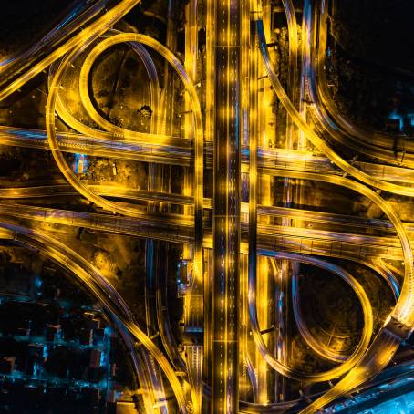 Illuminated Multilevel Junction in Athens, Greece at Night