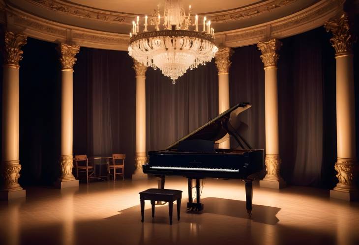 Illuminated Stage with Backstage and Decorative Columns Featuring an Old Grand Piano