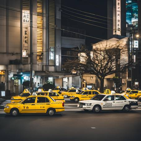 Illuminated Taxis and City Lights in Fukuoka A 2015 Nighttime Urban Experience