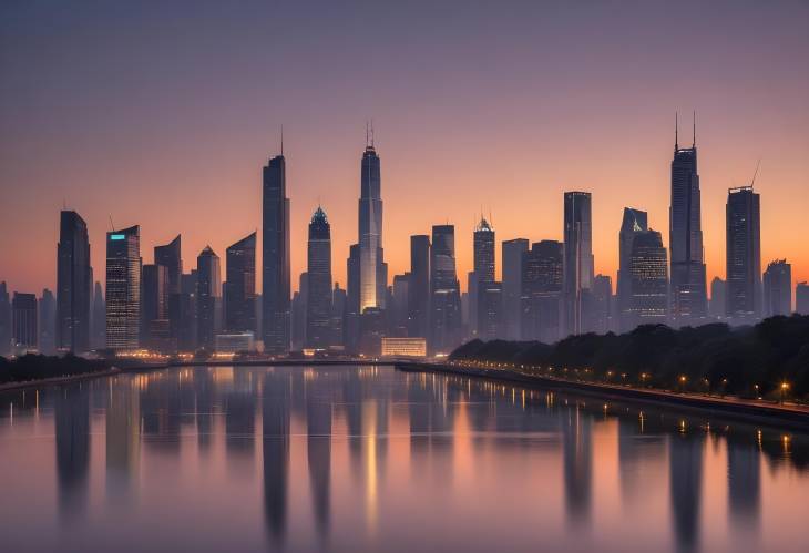 Impressive City Skyline at Dawn with Illuminated Skyscrapers and the Glow of the Morning Sun