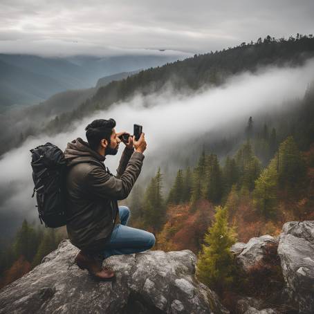 In the Mist Man Photographing Scenic Views