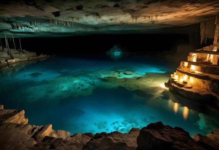 Incredible Cenote Cavern with Underground River, Deep Blue Water, and Historical Prehispanic Ritua