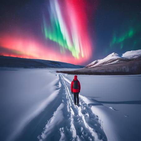 Incredible Northern Lights with Tourist and Red Flashlight on Snowy Field  Winter Night Wonder