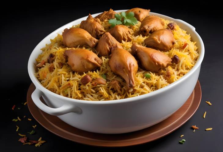 Indian Biryani with Spicy Chicken Flying Against Black Background