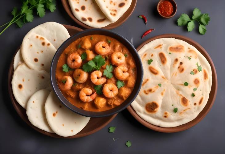 Indian Feast Shrimp Biryani and Tikka Masala with Naan and Cilantro