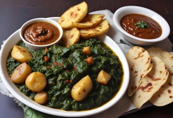 Indulge in Zeera Aloo Palak Cumin Potatoes and Spinach with Savory Garlic Chutney