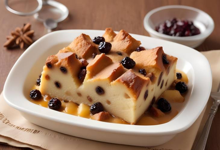 Indulgent Bread Pudding Rich and Sweet with Raisins, Spices, and Stale Bread,