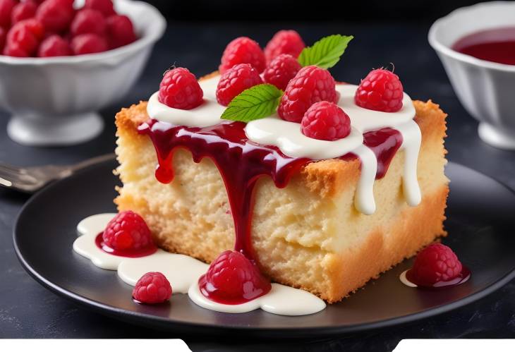 Indulgent Cake with Raspberry Sauce and Cream Pastry Delight on Dark Background, Close Up