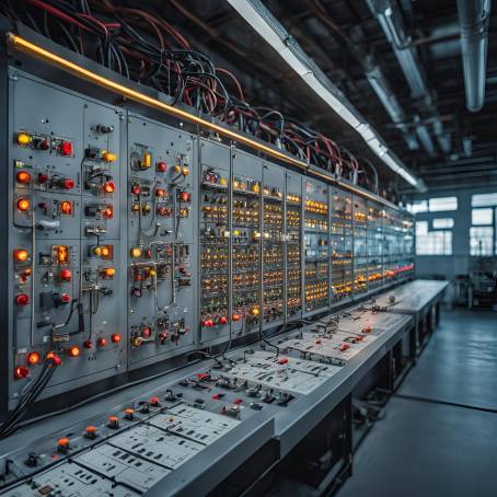 Industrial Electrical Circuits Electric Wires Behind Control Board, PLC Wiring, and Lighting Effect