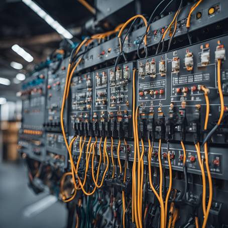 Industrial Electrical Circuits Wiring Behind Control Panels, PLC Systems, and Lighting Effects