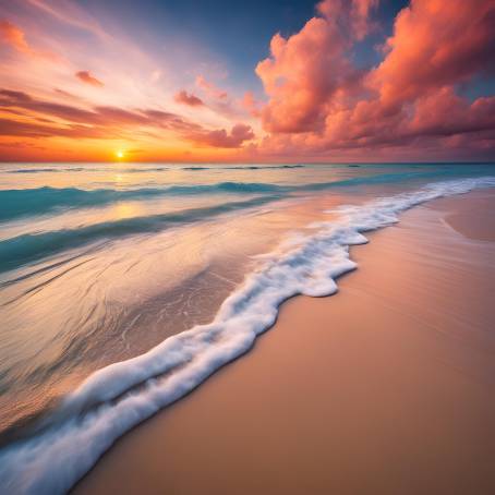 Inspirational Tropical Beach Sunset Sea, Sand, and Vibrant Horizon Colors