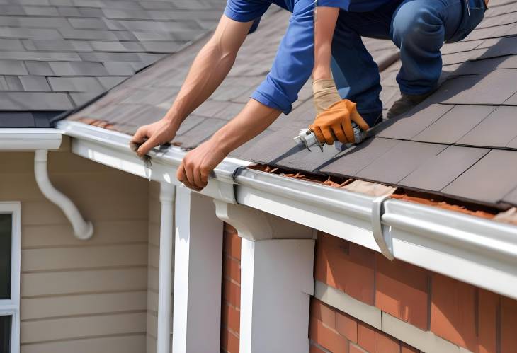 Installing Roof Gutters Worker Attaching Aluminum Rain Gutter and Down Spout