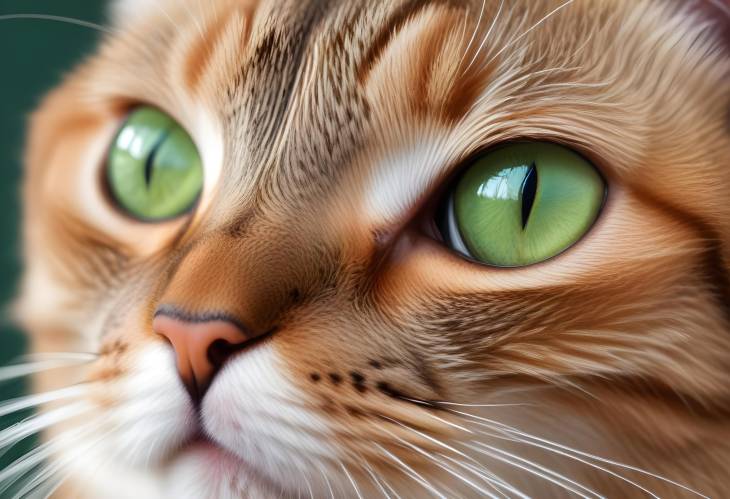 Intense Green Eyes and Soft Fur of a Cat in Close Up with Twitching Whiskers