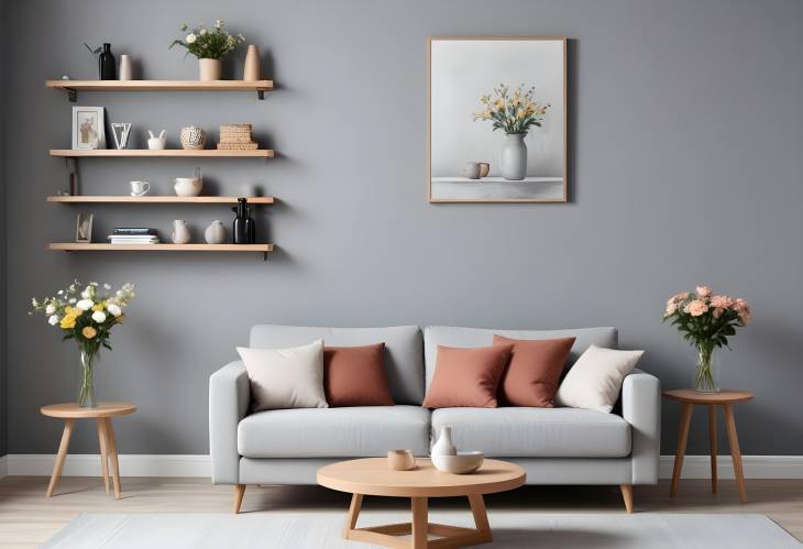 Interior of living room with sofa, shelves with decor, flowers on table, and art on grey wall