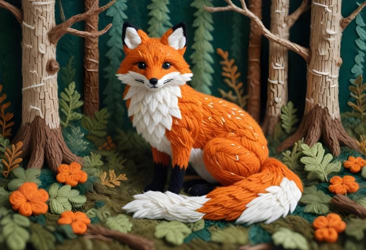 Intricate Needlework Fox in Colorful Wool Against a Textured Forest Background with a Cozy