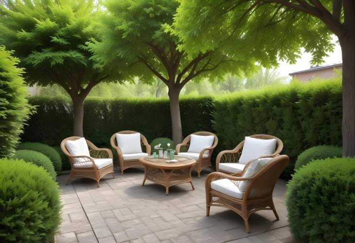 Inviting Backyard Green Trees and Wicker Garden Furniture Create a Cozy Outdoor Haven