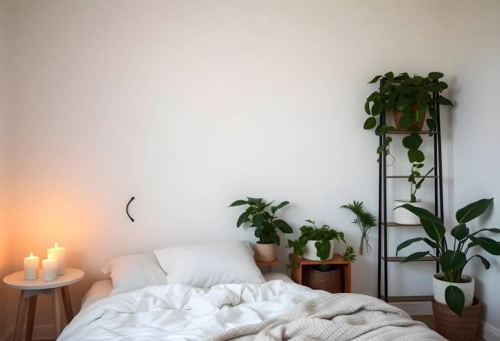 Inviting bedroom with bed, shelves, candles, and houseplants, cozy and peaceful home sanctuary