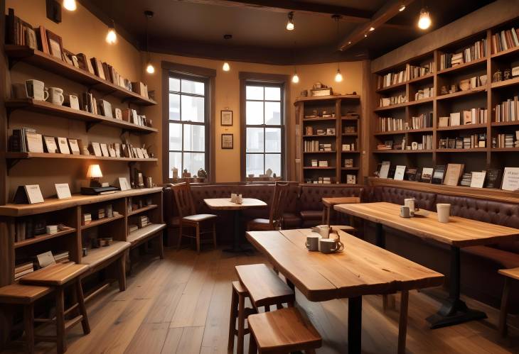 Inviting Coffee Shop with Rustic Wooden Tables, Steaming Mugs, and Shelves Full of Books