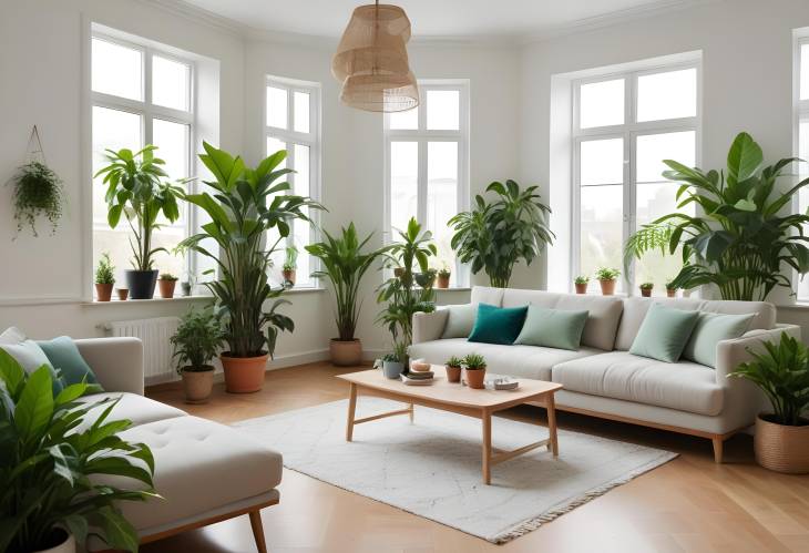 Inviting Living Room Interior with Green Houseplants and Cozy Sofas Contemporary Design