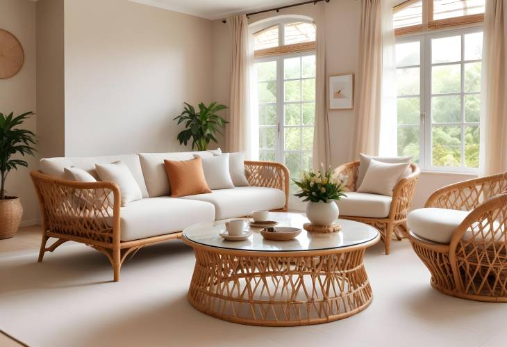 Inviting Living Room with Sofas, Rattan Table, and Soft Carpet for a Bright Ambiance